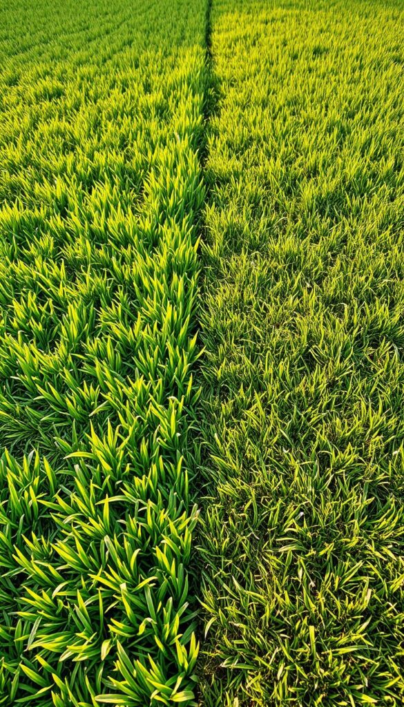 A lush, verdant lawn with two distinct sections: one showcasing cool-season grasses like fescue and bluegrass, the other exhibiting warm-season varieties such as bermuda and zoysia. The cool-season grasses have a deeper, richer green hue, while the warm-season section displays a lighter, more vibrant shade. A subtle transition between the two areas, with a focus on the differences in texture, blade width, and growth patterns. Warm, golden sunlight bathes the scene, creating gentle shadows and highlights that accentuate the visual contrast. The image is captured from a low, angled perspective, emphasizing the natural, ground-level view of the diverse lawn. The overall impression conveys the beauty and complexity of adapting lawn care to regional and seasonal variations. A lush, verdant lawn with two distinct sections: one showcasing cool-season grasses like fescue and bluegrass, the other exhibiting warm-season varieties such as bermuda and zoysia. The cool-season grasses have a deeper, richer green hue, while the warm-season section displays a lighter, more vibrant shade. A subtle transition between the two areas, with a focus on the differences in texture, blade width, and growth patterns. Warm, golden sunlight bathes the scene, creating gentle shadows and highlights that accentuate the visual contrast. The image is captured from a low, angled perspective, emphasizing the natural, ground-level view of the diverse lawn. The overall impression conveys the beauty and complexity of adapting lawn care to regional and seasonal variations.