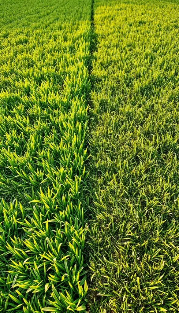 A lush, verdant lawn with two distinct sections: one showcasing cool-season grasses like fescue and bluegrass, the other exhibiting warm-season varieties such as bermuda and zoysia. The cool-season grasses have a deeper, richer green hue, while the warm-season section displays a lighter, more vibrant shade. A subtle transition between the two areas, with a focus on the differences in texture, blade width, and growth patterns. Warm, golden sunlight bathes the scene, creating gentle shadows and highlights that accentuate the visual contrast. The image is captured from a low, angled perspective, emphasizing the natural, ground-level view of the diverse lawn. The overall impression conveys the beauty and complexity of adapting lawn care to regional and seasonal variations. A lush, verdant lawn with two distinct sections: one showcasing cool-season grasses like fescue and bluegrass, the other exhibiting warm-season varieties such as bermuda and zoysia. The cool-season grasses have a deeper, richer green hue, while the warm-season section displays a lighter, more vibrant shade. A subtle transition between the two areas, with a focus on the differences in texture, blade width, and growth patterns. Warm, golden sunlight bathes the scene, creating gentle shadows and highlights that accentuate the visual contrast. The image is captured from a low, angled perspective, emphasizing the natural, ground-level view of the diverse lawn. The overall impression conveys the beauty and complexity of adapting lawn care to regional and seasonal variations.