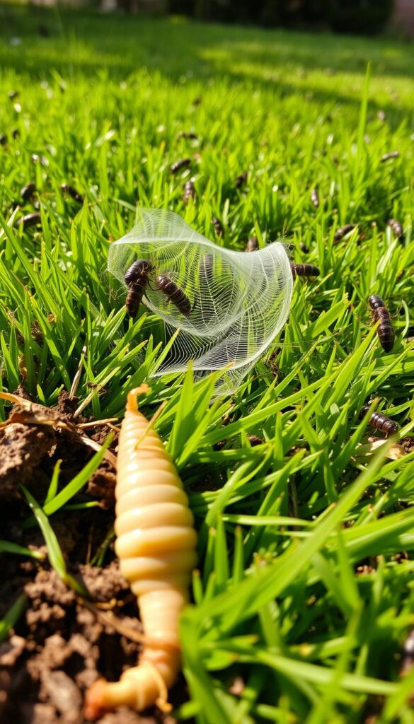 A lush, verdant lawn with various garden pests lurking within. In the foreground, a close-up view of a grub, its pale, segmented body partially submerged in the soil, surrounded by damaged grass roots. In the middle ground, clusters of webworms delicately weaving their silken threads across the lawn's surface, while cutworms and armyworms are seen munching on tender blades. In the background, a swarm of chinch bugs scurries across the grass, their dark bodies in sharp contrast against the vibrant green hue. Warm, natural lighting filters through, creating a sense of depth and texture. The scene conveys the challenges of natural lawn pest control, with a focus on the specific pests mentioned in the section title. A lush, verdant lawn with various garden pests lurking within. In the foreground, a close-up view of a grub, its pale, segmented body partially submerged in the soil, surrounded by damaged grass roots. In the middle ground, clusters of webworms delicately weaving their silken threads across the lawn's surface, while cutworms and armyworms are seen munching on tender blades. In the background, a swarm of chinch bugs scurries across the grass, their dark bodies in sharp contrast against the vibrant green hue. Warm, natural lighting filters through, creating a sense of depth and texture. The scene conveys the challenges of natural lawn pest control, with a focus on the specific pests mentioned in the section title.
