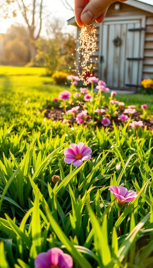 A lush, verdant lawn with vibrant green blades, dotted with blooming flowers in shades of pink, purple, and yellow. In the foreground, a gardener's hand carefully sprinkles granular fertilizer, the tiny particles catching the warm, golden sunlight. The middle ground reveals a well-tended flower bed, the soil glistening with moisture, ready to nourish new growth. In the background, a picturesque garden shed stands, its weathered wooden panels complementing the earthy tones of the scene. The overall atmosphere conveys the rejuvenating energy of spring, a time of renewal and abundant life.