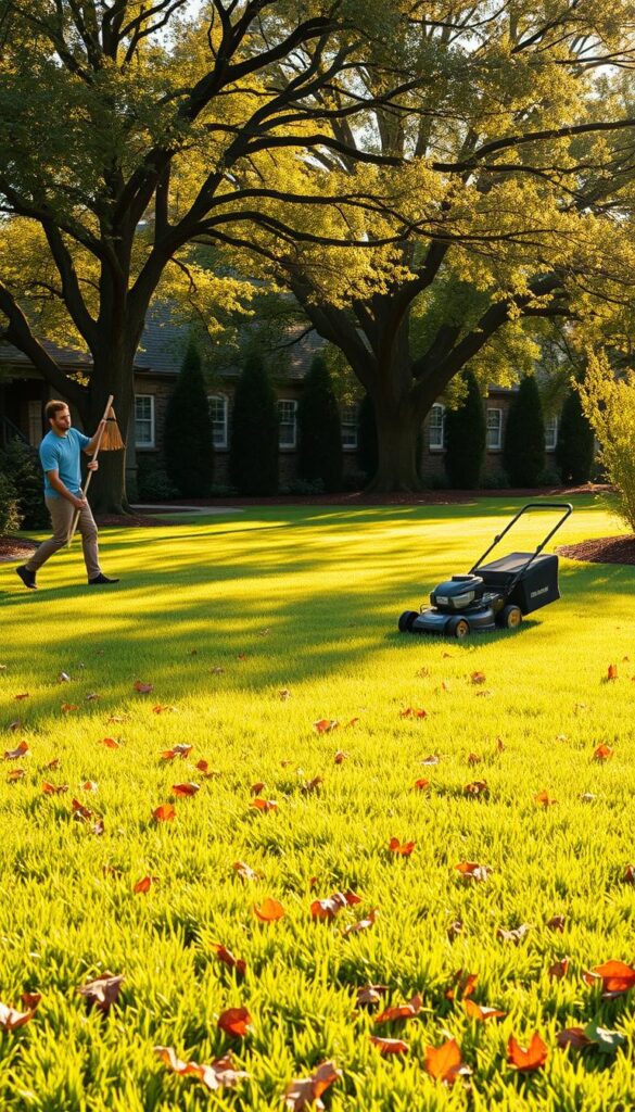 A lush, verdant lawn with vibrant green grass, bathed in warm, golden sunlight. In the foreground, a homeowner diligently raking fallen leaves, their movements graceful and purposeful. In the middle ground, a sturdy lawn mower stands ready, its blades gleaming, poised to trim the grass to the perfect height. In the background, a row of mature trees sway gently, their branches casting dappled shadows across the well-cared-for landscape. The scene exudes a sense of seasonal harmony, where the homeowner's commitment to maintaining a healthy, thriving lawn is evident in every detail.