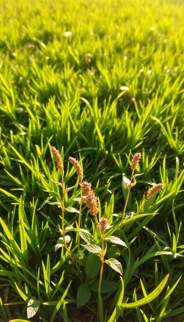 A lush, verdant lawn with vibrant green grass, gently blowing in a soft summer breeze. In the foreground, a carefully curated selection of weeds, their leaves and stems meticulously detailed, standing in contrast to the healthy lawn. The weeds appear to be strategically placed, highlighting the importance of targeted weed control without damaging the surrounding grass. The scene is bathed in warm, golden sunlight, creating a serene and inviting atmosphere. The camera angle is slightly elevated, providing a comprehensive view of the lawn's texture and the subtle interplay between the weeds and the thriving grass. The overall composition emphasizes the need for a balanced, sustainable approach to maintaining a beautiful, weed-free lawn throughout the summer months.