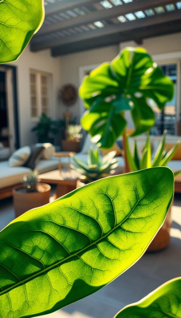 A lush, verdant leaf in the foreground, its intricate veins and delicate edges rendered in striking detail. The leaf is bathed in warm, natural sunlight, casting soft shadows and highlighting its vibrant green hue. In the middle ground, a collection of potted plants, including a majestic fiddle-leaf fig and a sculptural agave, create a serene and inviting composition. The background is a blurred, softly-focused scene of a cozy backyard lounge area, with hints of natural materials and comfortable furnishings. The overall mood is one of tranquility, inviting the viewer to immerse themselves in this serene, nature-inspired setting.