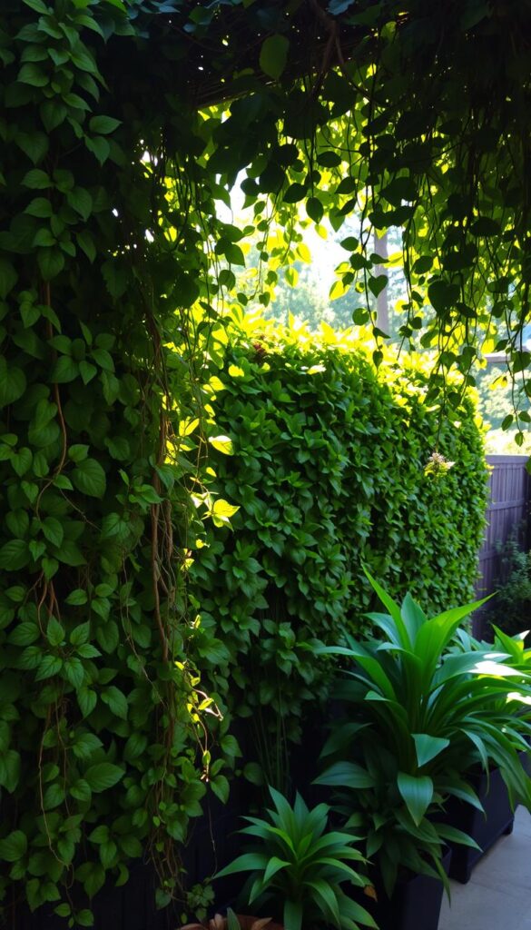A lush, verdant living wall cascading with vibrant foliage, creating a captivating backyard oasis. The foreground features a variety of thriving, diverse plants, their leaves and vines intertwining to form a natural privacy screen. Sunlight filters through the intricate canopy, casting a warm, inviting glow. In the middle ground, the living wall extends seamlessly, blending harmoniously with the surrounding landscape. Subtle shadows and depth of field convey a sense of dimension, drawing the viewer's eye inward. The background hints at a tranquil, secluded setting, offering a serene and secluded retreat from the outside world.