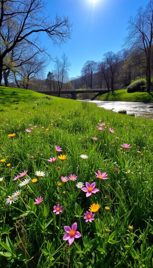 A lush, verdant meadow comes to life as the winter's chill recedes. Vibrant wildflowers dot the landscape, their petals reaching towards the warm spring sun. In the distance, a babbling brook glistens, its waters reflecting the azure sky above. A gentle breeze rustles the new growth on the trees, their branches heavy with emerging leaves. The scene exudes a sense of renewal and hope, a visual representation of the transition from the dormancy of winter to the rejuvenation of spring. Capture this serene and hopeful moment with a wide-angle lens, using natural lighting to accentuate the scene's natural beauty. A lush, verdant meadow comes to life as the winter's chill recedes. Vibrant wildflowers dot the landscape, their petals reaching towards the warm spring sun. In the distance, a babbling brook glistens, its waters reflecting the azure sky above. A gentle breeze rustles the new growth on the trees, their branches heavy with emerging leaves. The scene exudes a sense of renewal and hope, a visual representation of the transition from the dormancy of winter to the rejuvenation of spring. Capture this serene and hopeful moment with a wide-angle lens, using natural lighting to accentuate the scene's natural beauty.
