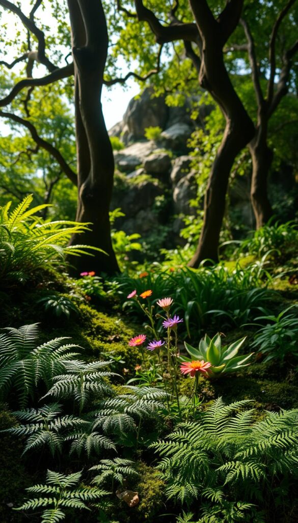 A lush, verdant microclimate with diverse flora thriving in a sheltered nook. In the foreground, delicate ferns and mosses carpet the ground, their intricate textures illuminated by soft, diffused light filtering through the canopy above. Towering trees with twisted, gnarled trunks reach skyward, casting dappled shadows that dance across the scene. Vibrant wildflowers, their petals kissed by the gentle breeze, dot the middle ground, creating a tapestry of colors. In the background, a distant rocky outcrop hints at the protective natural barriers that shield this microclimate from the harsher elements of the surrounding environment. The overall mood is one of tranquility, resilience, and the remarkable adaptability of life in this secluded, thriving oasis. A lush, verdant microclimate with diverse flora thriving in a sheltered nook. In the foreground, delicate ferns and mosses carpet the ground, their intricate textures illuminated by soft, diffused light filtering through the canopy above. Towering trees with twisted, gnarled trunks reach skyward, casting dappled shadows that dance across the scene. Vibrant wildflowers, their petals kissed by the gentle breeze, dot the middle ground, creating a tapestry of colors. In the background, a distant rocky outcrop hints at the protective natural barriers that shield this microclimate from the harsher elements of the surrounding environment. The overall mood is one of tranquility, resilience, and the remarkable adaptability of life in this secluded, thriving oasis.