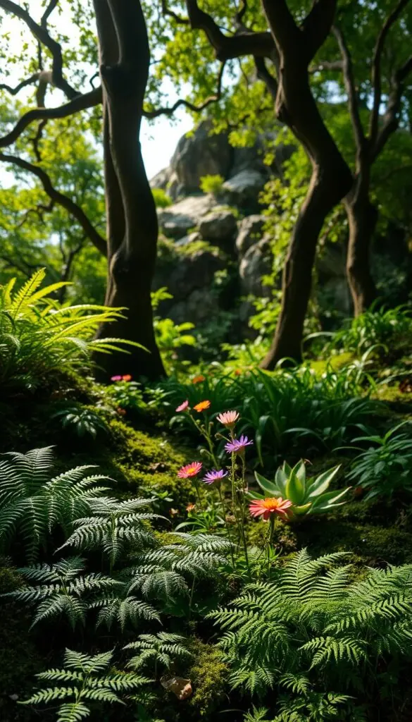 A lush, verdant microclimate with diverse flora thriving in a sheltered nook. In the foreground, delicate ferns and mosses carpet the ground, their intricate textures illuminated by soft, diffused light filtering through the canopy above. Towering trees with twisted, gnarled trunks reach skyward, casting dappled shadows that dance across the scene. Vibrant wildflowers, their petals kissed by the gentle breeze, dot the middle ground, creating a tapestry of colors. In the background, a distant rocky outcrop hints at the protective natural barriers that shield this microclimate from the harsher elements of the surrounding environment. The overall mood is one of tranquility, resilience, and the remarkable adaptability of life in this secluded, thriving oasis. A lush, verdant microclimate with diverse flora thriving in a sheltered nook. In the foreground, delicate ferns and mosses carpet the ground, their intricate textures illuminated by soft, diffused light filtering through the canopy above. Towering trees with twisted, gnarled trunks reach skyward, casting dappled shadows that dance across the scene. Vibrant wildflowers, their petals kissed by the gentle breeze, dot the middle ground, creating a tapestry of colors. In the background, a distant rocky outcrop hints at the protective natural barriers that shield this microclimate from the harsher elements of the surrounding environment. The overall mood is one of tranquility, resilience, and the remarkable adaptability of life in this secluded, thriving oasis.