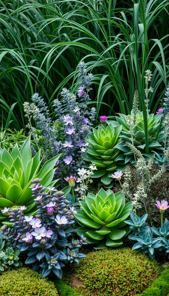A lush, verdant oasis of cool-toned plants in a warm summer garden. Vibrant greens, serene blues, and tranquil purples create a calming, refreshing atmosphere. Tall, swaying foliage in the background, mid-ground perennials with delicate blooms, and a foreground of textural succulents and mosses. Soft, diffused lighting bathes the scene in a soothing glow, accentuating the rich, jewel-toned hues. The composition is balanced, with a sense of depth and layering that draws the eye inward. An inviting, low-maintenance haven that embodies the essence of cool color palettes on hot summer days.