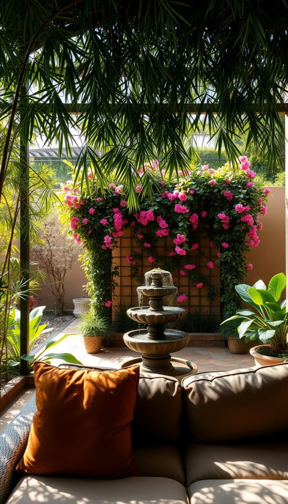 A lush, verdant patio oasis with a privacy screen of delicate, arching bamboo fronds casting dappled shadows across a tranquil seating area. The foreground features plush, earthy-toned cushions inviting relaxation, while the middle ground showcases an elegant water feature with soothing ambient sounds. The background is dominated by a vibrant, flowering trellis, creating a sense of enclosure and sanctuary. Soft, warm lighting gently illuminates the scene, evoking a serene, contemplative atmosphere. A lush, verdant patio oasis with a privacy screen of delicate, arching bamboo fronds casting dappled shadows across a tranquil seating area. The foreground features plush, earthy-toned cushions inviting relaxation, while the middle ground showcases an elegant water feature with soothing ambient sounds. The background is dominated by a vibrant, flowering trellis, creating a sense of enclosure and sanctuary. Soft, warm lighting gently illuminates the scene, evoking a serene, contemplative atmosphere.
