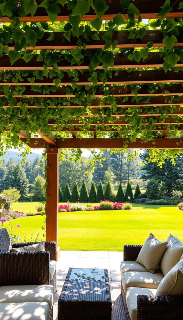 A lush, verdant pergola adorns the tranquil outdoor living space, its sturdy wooden beams and delicate vines casting a warm, dappled light across the scene. In the foreground, a cozy seating area invites relaxation, with plush cushions and wicker furniture nestled beneath the pergola's sheltering embrace. The middle ground features a well-manicured lawn, dotted with vibrant flowers and lush greenery, while the background showcases a serene, tree-lined horizon, evoking a sense of peaceful seclusion. The overall atmosphere is one of comfort, luxury, and a harmonious blending of indoor and outdoor living.
