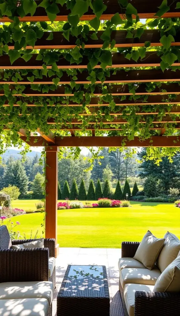 A lush, verdant pergola adorns the tranquil outdoor living space, its sturdy wooden beams and delicate vines casting a warm, dappled light across the scene. In the foreground, a cozy seating area invites relaxation, with plush cushions and wicker furniture nestled beneath the pergola's sheltering embrace. The middle ground features a well-manicured lawn, dotted with vibrant flowers and lush greenery, while the background showcases a serene, tree-lined horizon, evoking a sense of peaceful seclusion. The overall atmosphere is one of comfort, luxury, and a harmonious blending of indoor and outdoor living.