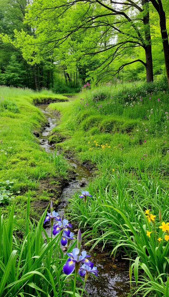 A lush, verdant rain garden with a gently sloping landscape and a meandering stream winding through it. In the foreground, vibrant, water-loving plants such as irises, cattails, and sedges thrive in the moist soil. The middle ground features a diverse array of native wildflowers and grasses, creating a naturalistic tapestry. In the background, a cluster of tall, leafy trees provides a sense of depth and a canopy of dappled sunlight. The scene is bathed in a soft, diffused lighting, creating a calming and serene atmosphere, as if captured on a rainy spring day. A lush, verdant rain garden with a gently sloping landscape and a meandering stream winding through it. In the foreground, vibrant, water-loving plants such as irises, cattails, and sedges thrive in the moist soil. The middle ground features a diverse array of native wildflowers and grasses, creating a naturalistic tapestry. In the background, a cluster of tall, leafy trees provides a sense of depth and a canopy of dappled sunlight. The scene is bathed in a soft, diffused lighting, creating a calming and serene atmosphere, as if captured on a rainy spring day.
