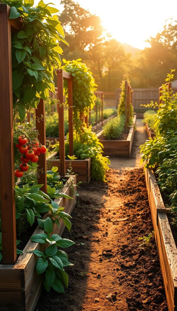 A lush, verdant raised vegetable garden beds, bathed in warm, golden afternoon sunlight. The wooden frames, stained a rich, earthy brown, stand tall and sturdy, their edges neatly trimmed. Flourishing plants - leafy greens, vibrant tomatoes, and fragrant herbs - cascade over the edges, creating a harmonious, natural display. The soil, dark and nutrient-rich, is meticulously tilled, revealing the careful attention of the gardener. A gentle, inviting path winds through the beds, encouraging exploration and interaction. The overall scene exudes a sense of productivity, contentment, and a connection to the earth. A lush, verdant raised vegetable garden beds, bathed in warm, golden afternoon sunlight. The wooden frames, stained a rich, earthy brown, stand tall and sturdy, their edges neatly trimmed. Flourishing plants - leafy greens, vibrant tomatoes, and fragrant herbs - cascade over the edges, creating a harmonious, natural display. The soil, dark and nutrient-rich, is meticulously tilled, revealing the careful attention of the gardener. A gentle, inviting path winds through the beds, encouraging exploration and interaction. The overall scene exudes a sense of productivity, contentment, and a connection to the earth.