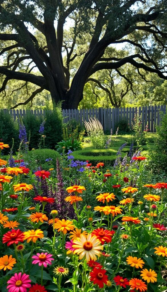 A lush, verdant regional garden nestled in a sun-dappled landscape. In the foreground, a vibrant tapestry of blooming companion flowers in warm hues - zinnias, marigolds, and cosmos sway gently in a soft breeze. The middle ground features a mix of native perennials and shrubs, their foliage creating a harmonious palette of greens, purples, and reds. In the background, a wooden fence frames the scene, partially obscured by the canopy of towering oak trees, casting a gentle, natural light across the entire setting. The overall atmosphere evokes a sense of tranquility and the essence of a thriving, regionally-adapted garden oasis. A lush, verdant regional garden nestled in a sun-dappled landscape. In the foreground, a vibrant tapestry of blooming companion flowers in warm hues - zinnias, marigolds, and cosmos sway gently in a soft breeze. The middle ground features a mix of native perennials and shrubs, their foliage creating a harmonious palette of greens, purples, and reds. In the background, a wooden fence frames the scene, partially obscured by the canopy of towering oak trees, casting a gentle, natural light across the entire setting. The overall atmosphere evokes a sense of tranquility and the essence of a thriving, regionally-adapted garden oasis.