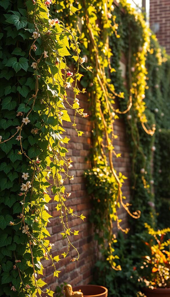 A lush, verdant scene of climbing plants cascading down a rustic brick wall, illuminated by warm, golden afternoon sunlight. In the foreground, vibrant tendrils of ivy and flowering vines twist and curl, creating a captivating visual texture. The middle ground features a mix of trailing foliage and delicate blossoms, while the background showcases the depth and layers of the climbing plants as they ascend the wall, framing the scene with their graceful, dramatic forms. Captured with a shallow depth of field, the image conveys a sense of tranquility and natural beauty, inviting the viewer to imagine this serene oasis as the perfect backdrop for an inviting patio space. A lush, verdant scene of climbing plants cascading down a rustic brick wall, illuminated by warm, golden afternoon sunlight. In the foreground, vibrant tendrils of ivy and flowering vines twist and curl, creating a captivating visual texture. The middle ground features a mix of trailing foliage and delicate blossoms, while the background showcases the depth and layers of the climbing plants as they ascend the wall, framing the scene with their graceful, dramatic forms. Captured with a shallow depth of field, the image conveys a sense of tranquility and natural beauty, inviting the viewer to imagine this serene oasis as the perfect backdrop for an inviting patio space.