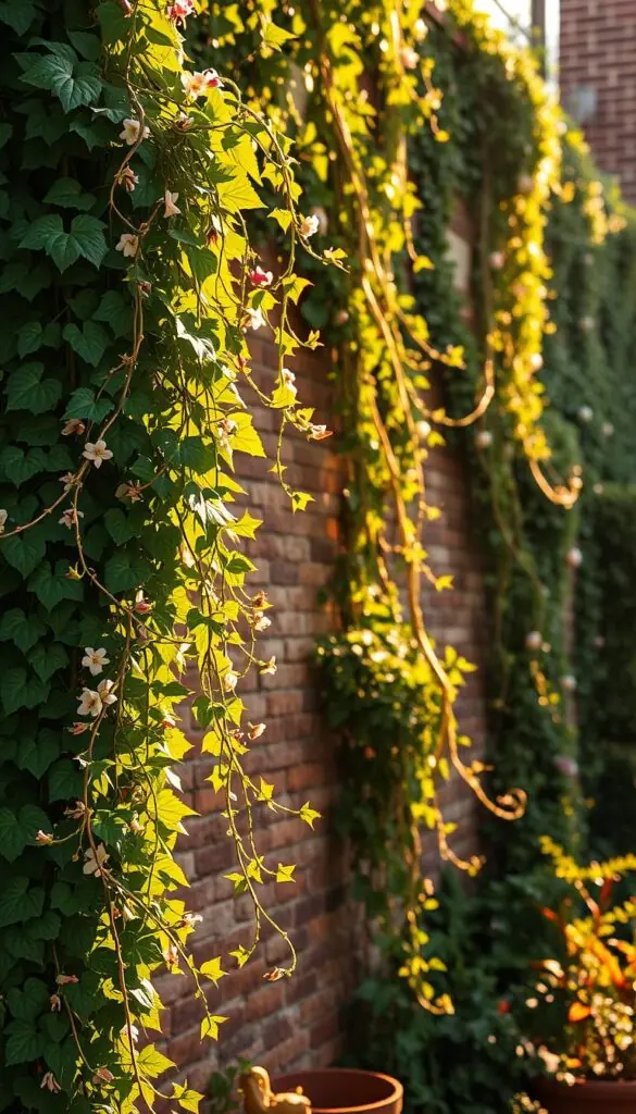 A lush, verdant scene of climbing plants cascading down a rustic brick wall, illuminated by warm, golden afternoon sunlight. In the foreground, vibrant tendrils of ivy and flowering vines twist and curl, creating a captivating visual texture. The middle ground features a mix of trailing foliage and delicate blossoms, while the background showcases the depth and layers of the climbing plants as they ascend the wall, framing the scene with their graceful, dramatic forms. Captured with a shallow depth of field, the image conveys a sense of tranquility and natural beauty, inviting the viewer to imagine this serene oasis as the perfect backdrop for an inviting patio space.