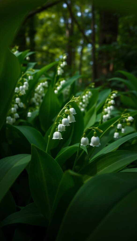 A lush, verdant scene of lily of the valley blooms amidst a shady, forest-like setting. The delicate, bell-shaped flowers emerge from a carpet of deep green foliage, their pure white petals delicately accented by a soft, hazy light filtering through the canopy above. The air is filled with the sweet, floral scent of the blossoms, which seem to glow with an ethereal, almost mystical quality. The composition is framed by the gentle curves of the plant's leaves, creating a sense of natural, understated elegance. Captured with a shallow depth of field, the focus is drawn to the beautiful, fragrant flowers, evoking a serene and tranquil mood. A lush, verdant scene of lily of the valley blooms amidst a shady, forest-like setting. The delicate, bell-shaped flowers emerge from a carpet of deep green foliage, their pure white petals delicately accented by a soft, hazy light filtering through the canopy above. The air is filled with the sweet, floral scent of the blossoms, which seem to glow with an ethereal, almost mystical quality. The composition is framed by the gentle curves of the plant's leaves, creating a sense of natural, understated elegance. Captured with a shallow depth of field, the focus is drawn to the beautiful, fragrant flowers, evoking a serene and tranquil mood.