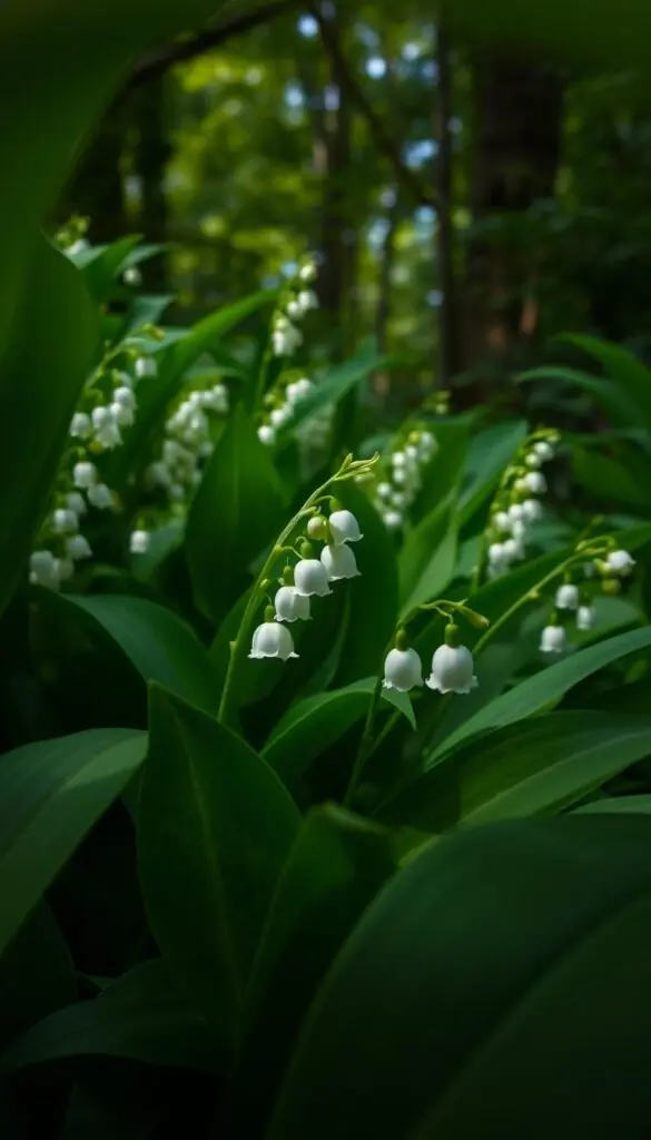 A lush, verdant scene of lily of the valley blooms amidst a shady, forest-like setting. The delicate, bell-shaped flowers emerge from a carpet of deep green foliage, their pure white petals delicately accented by a soft, hazy light filtering through the canopy above. The air is filled with the sweet, floral scent of the blossoms, which seem to glow with an ethereal, almost mystical quality. The composition is framed by the gentle curves of the plant's leaves, creating a sense of natural, understated elegance. Captured with a shallow depth of field, the focus is drawn to the beautiful, fragrant flowers, evoking a serene and tranquil mood.