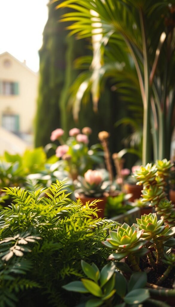A lush, verdant scene of thriving foliage against a soft, diffused light. In the foreground, a variety of healthy, vibrant leaves in shades of green, from delicate ferns to broad, glossy palms, capturing the essence of summer's plant care. The middle ground features a mix of potted succulents and flowering houseplants, their petals and stems bathed in a warm, golden glow. In the background, a blurred, inviting garden setting with tall, graceful trees and a touch of whimsy, suggesting the ideal environment for plants to flourish. The overall composition exudes a sense of tranquility, balance, and the nurturing care that keeps plants comfortable and content throughout the season. A lush, verdant scene of thriving foliage against a soft, diffused light. In the foreground, a variety of healthy, vibrant leaves in shades of green, from delicate ferns to broad, glossy palms, capturing the essence of summer's plant care. The middle ground features a mix of potted succulents and flowering houseplants, their petals and stems bathed in a warm, golden glow. In the background, a blurred, inviting garden setting with tall, graceful trees and a touch of whimsy, suggesting the ideal environment for plants to flourish. The overall composition exudes a sense of tranquility, balance, and the nurturing care that keeps plants comfortable and content throughout the season.