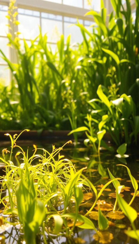 A lush, verdant scene of thriving water plants, bathed in warm, diffused sunlight filtering through a large window. In the foreground, delicate aquatic foliage sways gently in a shallow pool, its surface shimmering with light reflections. The middle ground features a variety of submerged and emergent aquatic plants, their vibrant greens and hints of color creating a sense of depth and layered texture. In the background, more densely packed water plants appear, their interlocking stems and leaves forming a natural, harmonious composition. The overall atmosphere is one of tranquility and healthy, natural growth, perfectly suited to illustrate the section on "Watering that works in heat: keep moisture steady without overdoing it".
