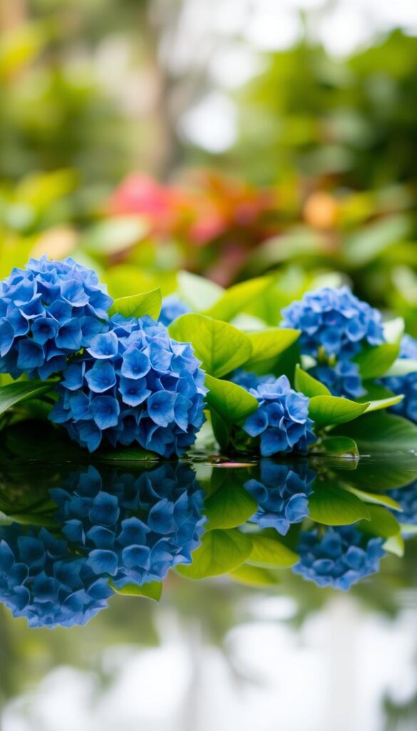 A lush, verdant scene of water hydrangeas gently swaying in a shallow pool, their vibrant blue-purple blooms reflected in the still, mirror-like surface. The hydrangeas are the focal point, arranged in a natural, organic manner, their large, full petals catching the soft, diffused light from above. The background is blurred, creating a sense of depth and emphasizing the flowers. The overall mood is one of tranquility and natural beauty, inviting the viewer to be immersed in the serene, water-centric environment. A lush, verdant scene of water hydrangeas gently swaying in a shallow pool, their vibrant blue-purple blooms reflected in the still, mirror-like surface. The hydrangeas are the focal point, arranged in a natural, organic manner, their large, full petals catching the soft, diffused light from above. The background is blurred, creating a sense of depth and emphasizing the flowers. The overall mood is one of tranquility and natural beauty, inviting the viewer to be immersed in the serene, water-centric environment.