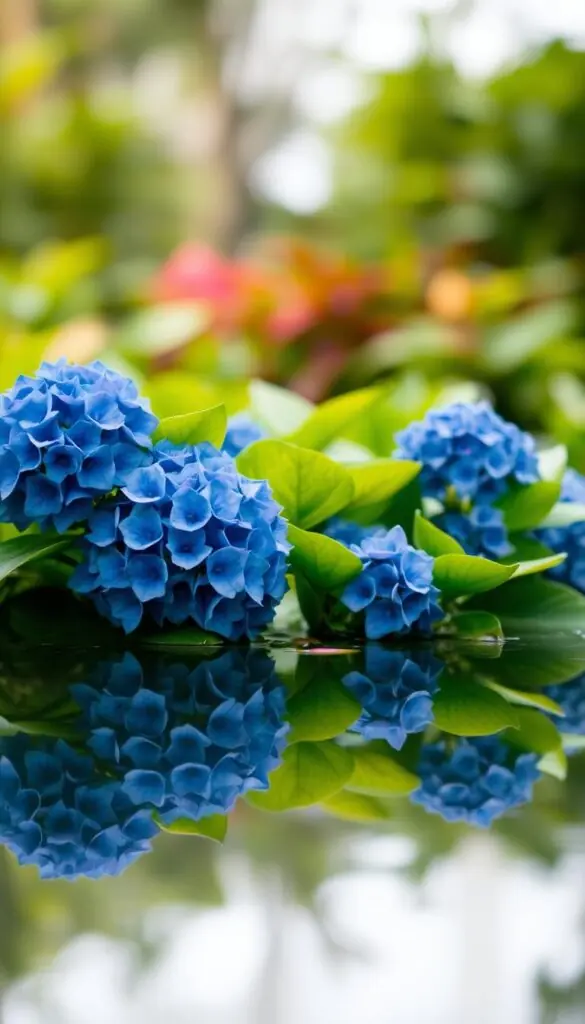 A lush, verdant scene of water hydrangeas gently swaying in a shallow pool, their vibrant blue-purple blooms reflected in the still, mirror-like surface. The hydrangeas are the focal point, arranged in a natural, organic manner, their large, full petals catching the soft, diffused light from above. The background is blurred, creating a sense of depth and emphasizing the flowers. The overall mood is one of tranquility and natural beauty, inviting the viewer to be immersed in the serene, water-centric environment. A lush, verdant scene of water hydrangeas gently swaying in a shallow pool, their vibrant blue-purple blooms reflected in the still, mirror-like surface. The hydrangeas are the focal point, arranged in a natural, organic manner, their large, full petals catching the soft, diffused light from above. The background is blurred, creating a sense of depth and emphasizing the flowers. The overall mood is one of tranquility and natural beauty, inviting the viewer to be immersed in the serene, water-centric environment.