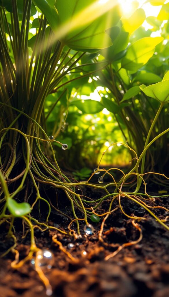 A lush, verdant scene showcasing the intricate web of plant roots, water, air, and soil. In the foreground, delicate tendrils of roots reach and entwine, drawing vital nutrients from the rich, dark earth. Beams of soft, golden light filter through the canopy above, illuminating the moist soil and the glistening droplets of water. In the middle ground, vibrant green leaves sway gently, their pores taking in the life-giving air. The background fades into a hazy, atmospheric backdrop, suggesting the interconnectedness of these essential elements for thriving plant life. Captured with a wide-angle lens, this image conveys the harmonious balance and interdependence at the heart of a healthy, flourishing garden.