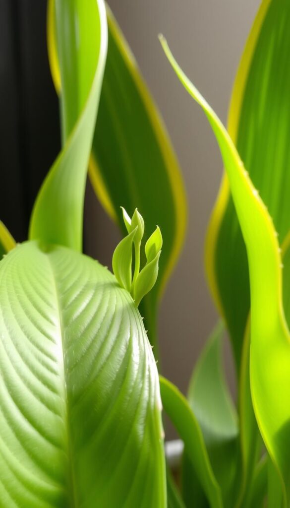 A lush, verdant snake plant with vibrant leaves in various stages of growth and propagation. In the foreground, a close-up view of a healthy leaf showcases its unique texture and serrated edges, bathed in soft, diffused lighting. The middle ground reveals several propagated plantlets, their delicate, emerald-hued foliage unfurling. In the background, the parent plant's sculptural silhouette stands tall, its gracefully arching leaves creating a sense of depth and movement. The overall composition evokes a serene, botanical atmosphere, highlighting the plant's resilience and the captivating process of its natural propagation and pruning. A lush, verdant snake plant with vibrant leaves in various stages of growth and propagation. In the foreground, a close-up view of a healthy leaf showcases its unique texture and serrated edges, bathed in soft, diffused lighting. The middle ground reveals several propagated plantlets, their delicate, emerald-hued foliage unfurling. In the background, the parent plant's sculptural silhouette stands tall, its gracefully arching leaves creating a sense of depth and movement. The overall composition evokes a serene, botanical atmosphere, highlighting the plant's resilience and the captivating process of its natural propagation and pruning.