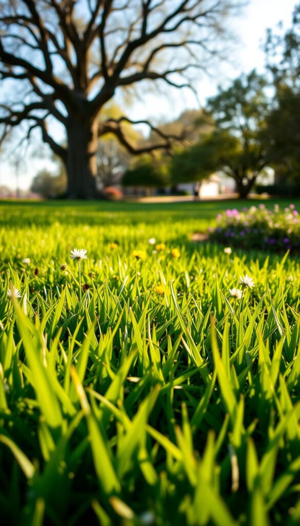 A lush, verdant spring lawn bathed in soft, golden sunlight. The foreground features a close-up view of the emerald green grass, each blade delicately detailed and gently swaying in a light breeze. In the middle ground, vibrant wildflowers in shades of yellow, purple, and white dot the lawn, adding pops of color. The background showcases a picturesque landscape, with towering oak trees and a clear, azure sky. The overall scene exudes a sense of tranquility and renewal, perfectly capturing the essence of a serene spring day. A lush, verdant spring lawn bathed in soft, golden sunlight. The foreground features a close-up view of the emerald green grass, each blade delicately detailed and gently swaying in a light breeze. In the middle ground, vibrant wildflowers in shades of yellow, purple, and white dot the lawn, adding pops of color. The background showcases a picturesque landscape, with towering oak trees and a clear, azure sky. The overall scene exudes a sense of tranquility and renewal, perfectly capturing the essence of a serene spring day.