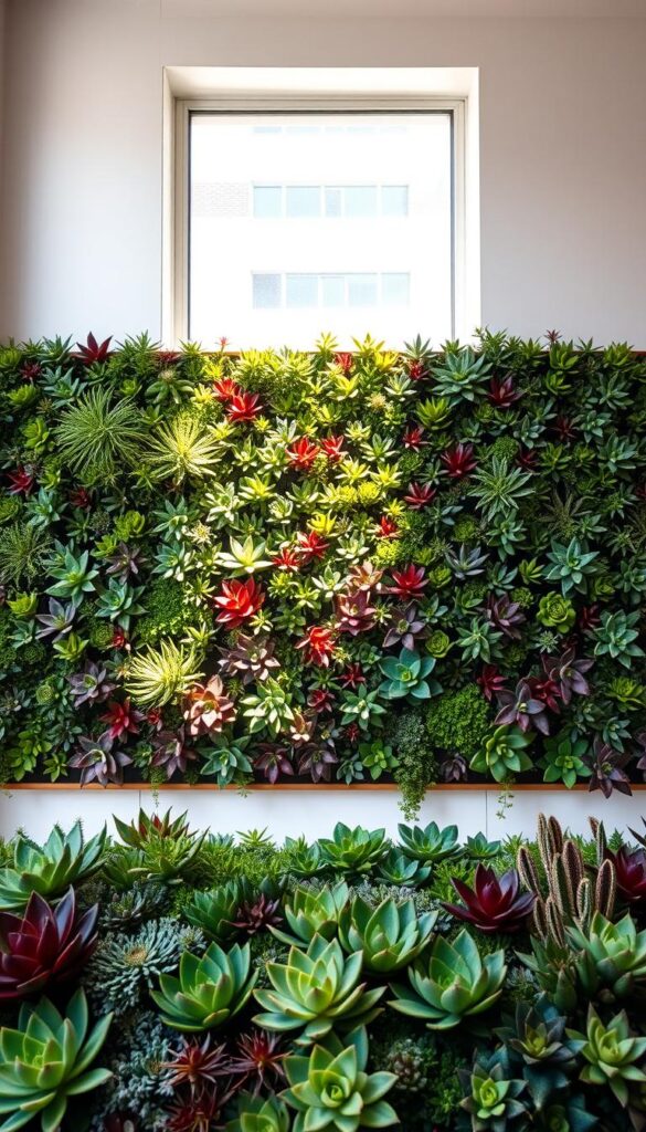 A lush, verdant succulent wall, illuminated by soft, natural light cascading through a large window. The foreground features an array of diverse succulents in varying shades of green, purple, and red, artfully arranged to create a visually striking and harmonious composition. The middle ground showcases a carefully designed modular planting system, allowing the succulents to thrive in an urban setting. In the background, a minimalist, white-washed wall provides a clean, contemporary backdrop, enhancing the vibrant colors and textures of the succulents. The overall scene evokes a sense of tranquility and brings a touch of nature into an indoor space, perfect for brightening up the gray days of winter. A lush, verdant succulent wall, illuminated by soft, natural light cascading through a large window. The foreground features an array of diverse succulents in varying shades of green, purple, and red, artfully arranged to create a visually striking and harmonious composition. The middle ground showcases a carefully designed modular planting system, allowing the succulents to thrive in an urban setting. In the background, a minimalist, white-washed wall provides a clean, contemporary backdrop, enhancing the vibrant colors and textures of the succulents. The overall scene evokes a sense of tranquility and brings a touch of nature into an indoor space, perfect for brightening up the gray days of winter.