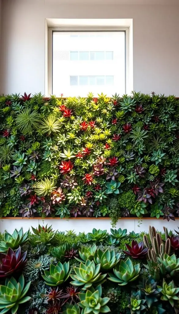 A lush, verdant succulent wall, illuminated by soft, natural light cascading through a large window. The foreground features an array of diverse succulents in varying shades of green, purple, and red, artfully arranged to create a visually striking and harmonious composition. The middle ground showcases a carefully designed modular planting system, allowing the succulents to thrive in an urban setting. In the background, a minimalist, white-washed wall provides a clean, contemporary backdrop, enhancing the vibrant colors and textures of the succulents. The overall scene evokes a sense of tranquility and brings a touch of nature into an indoor space, perfect for brightening up the gray days of winter. A lush, verdant succulent wall, illuminated by soft, natural light cascading through a large window. The foreground features an array of diverse succulents in varying shades of green, purple, and red, artfully arranged to create a visually striking and harmonious composition. The middle ground showcases a carefully designed modular planting system, allowing the succulents to thrive in an urban setting. In the background, a minimalist, white-washed wall provides a clean, contemporary backdrop, enhancing the vibrant colors and textures of the succulents. The overall scene evokes a sense of tranquility and brings a touch of nature into an indoor space, perfect for brightening up the gray days of winter.