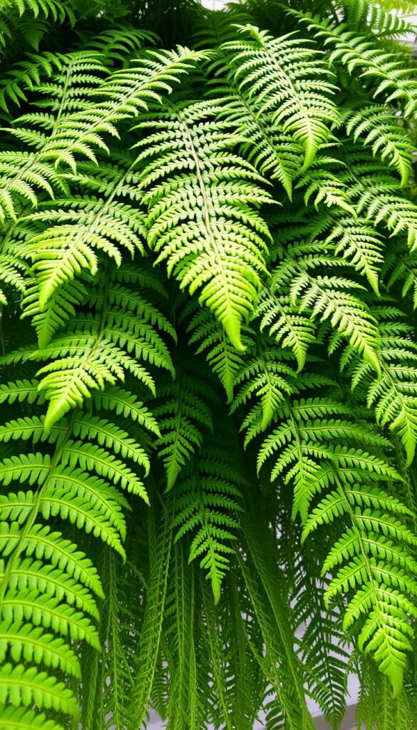 A lush, verdant tangle of Boston fern foliage, with intricate, gracefully arching fronds cascading in layers. The leaves are a vibrant, glossy green, with delicate, intricate venation that catches the soft, diffused lighting from above. The texture is plush and dense, creating an inviting, natural composition that would elevate any hanging basket. The scene is captured from a low, slightly angled perspective, emphasizing the depth and volume of the foliage. The background is softly blurred, keeping the focus on the captivating, sculptural form of the Boston fern.