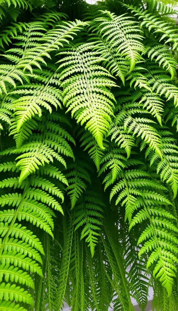 A lush, verdant tangle of Boston fern foliage, with intricate, gracefully arching fronds cascading in layers. The leaves are a vibrant, glossy green, with delicate, intricate venation that catches the soft, diffused lighting from above. The texture is plush and dense, creating an inviting, natural composition that would elevate any hanging basket. The scene is captured from a low, slightly angled perspective, emphasizing the depth and volume of the foliage. The background is softly blurred, keeping the focus on the captivating, sculptural form of the Boston fern. A lush, verdant tangle of Boston fern foliage, with intricate, gracefully arching fronds cascading in layers. The leaves are a vibrant, glossy green, with delicate, intricate venation that catches the soft, diffused lighting from above. The texture is plush and dense, creating an inviting, natural composition that would elevate any hanging basket. The scene is captured from a low, slightly angled perspective, emphasizing the depth and volume of the foliage. The background is softly blurred, keeping the focus on the captivating, sculptural form of the Boston fern.