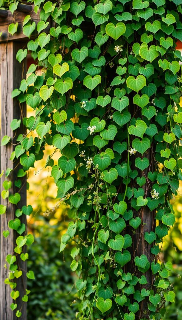 A lush, verdant tangle of climbing vines and foliage cascading gracefully down a rustic wooden trellis. The foreground features vibrant, heart-shaped leaves in shades of emerald and chartreuse, intertwined with delicate tendrils and trailing stems. In the middle ground, clusters of tiny white flowers dot the greenery, adding a delicate touch. The background is softly blurred, hinting at the warm, golden glow of a late afternoon sun filtering through the leaves. The composition is balanced, with a sense of depth and movement, inviting the viewer to imagine the soothing sound of the wind rustling the foliage. The overall mood is one of natural beauty, warmth, and tranquility.