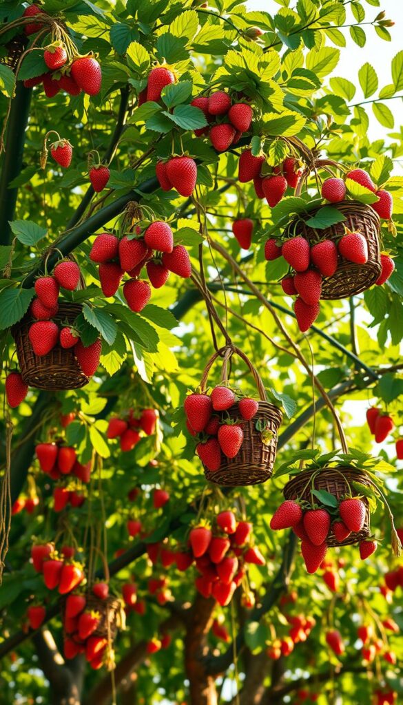 A lush, verdant tree adorned with cascading baskets brimming with ripe, juicy strawberries. The branches extend gracefully, creating a captivating canopy that dances in the soft, warm sunlight. The strawberries, in shades of vibrant red, stand out against the deep green foliage, beckoning to be plucked and savored. The scene evokes a sense of abundance and whimsy, inviting the viewer to imagine the sweet, fragrant harvest. Shot from a low angle, the baskets appear to be suspended in a harmonious, artful display, showcasing the creative potential of growing strawberries in a unique, vertical manner. The overall composition exudes a sense of rustic charm and natural wonder, perfectly capturing the essence of the "Strawberry Basket Tree" concept.