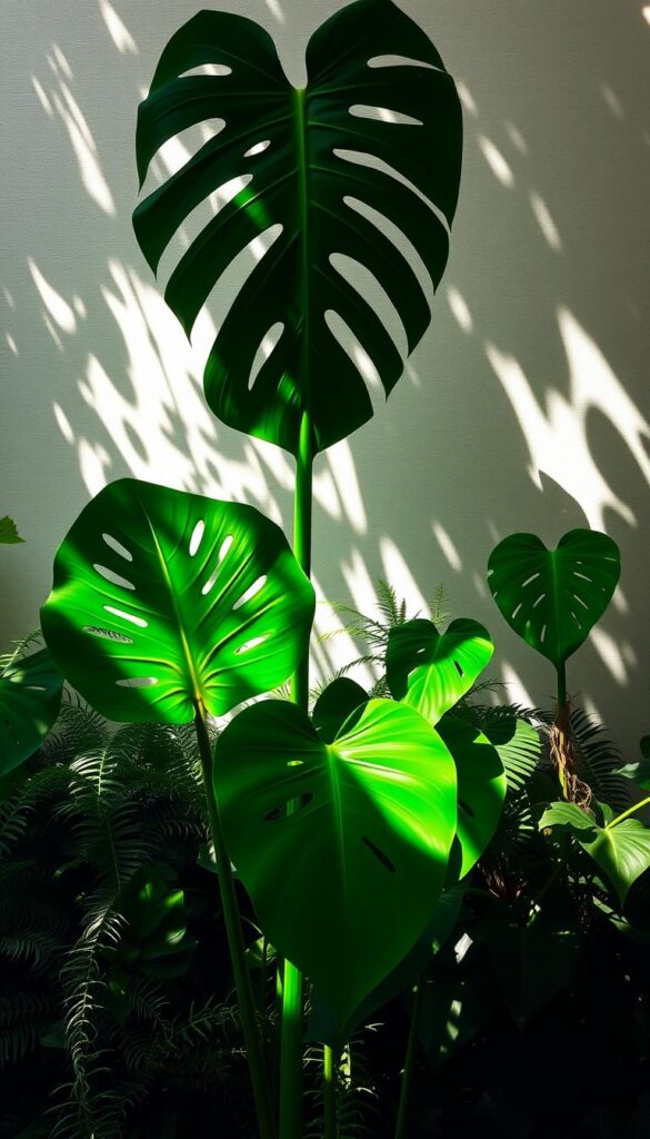 A lush, verdant trio of tropical plants casting soft, overlapping shadows on a sun-dappled background. In the foreground, a tall, slender monstera deliciosa with its iconic, perforated leaves, flanked by two smaller, bushy philodendrons with glossy, heart-shaped foliage. The middle ground features a mix of ferns and other shade-loving plants, creating a layered, jungle-like atmosphere. Dappled sunlight filters through the canopy, casting gentle, undulating shadows that add depth and texture to the scene. The overall mood is one of tranquility and humidity, perfectly capturing the essence of a well-curated, humidity-boosting plant grouping.