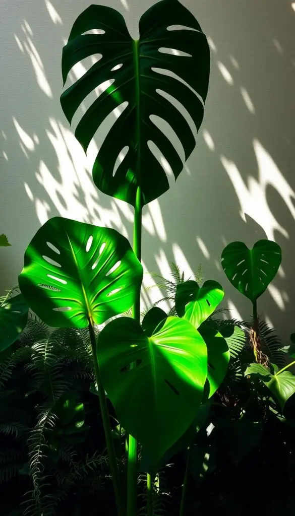 A lush, verdant trio of tropical plants casting soft, overlapping shadows on a sun-dappled background. In the foreground, a tall, slender monstera deliciosa with its iconic, perforated leaves, flanked by two smaller, bushy philodendrons with glossy, heart-shaped foliage. The middle ground features a mix of ferns and other shade-loving plants, creating a layered, jungle-like atmosphere. Dappled sunlight filters through the canopy, casting gentle, undulating shadows that add depth and texture to the scene. The overall mood is one of tranquility and humidity, perfectly capturing the essence of a well-curated, humidity-boosting plant grouping. A lush, verdant trio of tropical plants casting soft, overlapping shadows on a sun-dappled background. In the foreground, a tall, slender monstera deliciosa with its iconic, perforated leaves, flanked by two smaller, bushy philodendrons with glossy, heart-shaped foliage. The middle ground features a mix of ferns and other shade-loving plants, creating a layered, jungle-like atmosphere. Dappled sunlight filters through the canopy, casting gentle, undulating shadows that add depth and texture to the scene. The overall mood is one of tranquility and humidity, perfectly capturing the essence of a well-curated, humidity-boosting plant grouping.