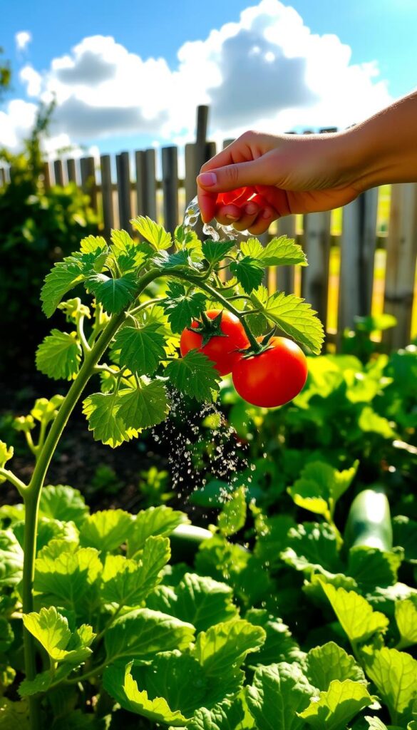 A lush, verdant vegetable garden bathed in warm, golden sunlight. In the foreground, a hand delicately waters a thriving tomato plant, droplets glistening on the vibrant green leaves. The middle ground reveals a variety of flourishing produce, from crisp lettuce to plump zucchini. In the background, a weathered wooden fence and a bright blue sky dotted with fluffy clouds create a serene, picturesque scene. The watering motion conveys a sense of gentle care and nurturing, reflecting the easy weekly rhythm of tending to a thriving vegetable garden, even for the most inexperienced gardener. A lush, verdant vegetable garden bathed in warm, golden sunlight. In the foreground, a hand delicately waters a thriving tomato plant, droplets glistening on the vibrant green leaves. The middle ground reveals a variety of flourishing produce, from crisp lettuce to plump zucchini. In the background, a weathered wooden fence and a bright blue sky dotted with fluffy clouds create a serene, picturesque scene. The watering motion conveys a sense of gentle care and nurturing, reflecting the easy weekly rhythm of tending to a thriving vegetable garden, even for the most inexperienced gardener.