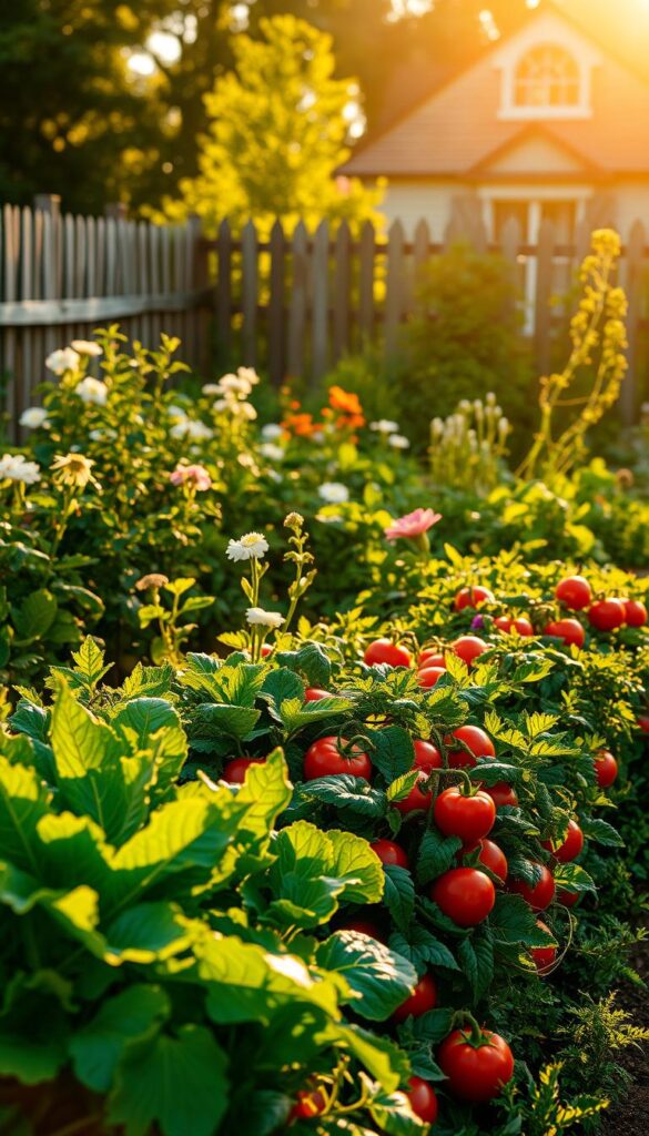 A lush, verdant vegetable garden bathed in warm, golden sunlight. In the foreground, rows of healthy, vibrant greens and vegetables such as leafy kale, vibrant tomatoes, and plump bell peppers. The middle ground features a mix of flowering plants and herbs, their petals and leaves swaying gently in a light breeze. In the background, a wooden fence partially obscures a charming cottage, its weathered planks complementing the natural setting. The lighting is soft and diffused, creating a serene, inviting atmosphere that draws the viewer into this idyllic, productive garden space. A lush, verdant vegetable garden bathed in warm, golden sunlight. In the foreground, rows of healthy, vibrant greens and vegetables such as leafy kale, vibrant tomatoes, and plump bell peppers. The middle ground features a mix of flowering plants and herbs, their petals and leaves swaying gently in a light breeze. In the background, a wooden fence partially obscures a charming cottage, its weathered planks complementing the natural setting. The lighting is soft and diffused, creating a serene, inviting atmosphere that draws the viewer into this idyllic, productive garden space.