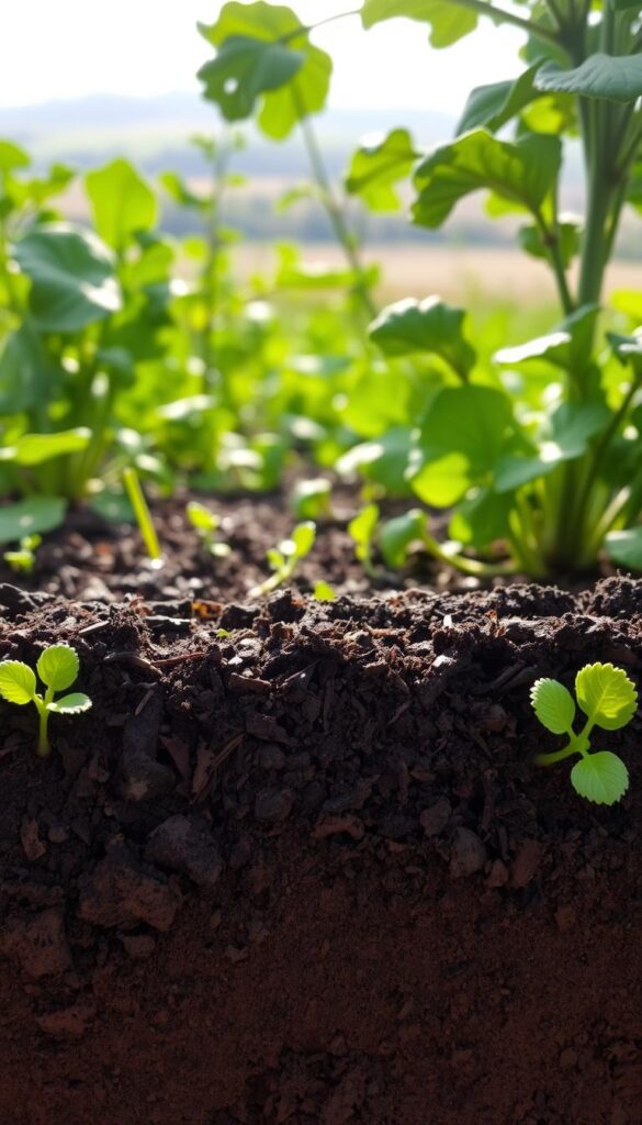 A lush, verdant vegetable garden in soft, diffused daylight. In the foreground, a cross-section of the soil reveals layers of dark, nutrient-rich mulch, porous soil, and glistening water droplets surrounding healthy, vibrant roots. The middle ground showcases thriving vegetable plants, their leaves rustling gently in a light breeze. In the background, a hazy, out-of-focus landscape suggests a serene, bucolic setting. The scene conveys a sense of balance, nourishment, and the harmonious relationship between water, air, and the essential elements that keep plant roots happy and thriving all season long.