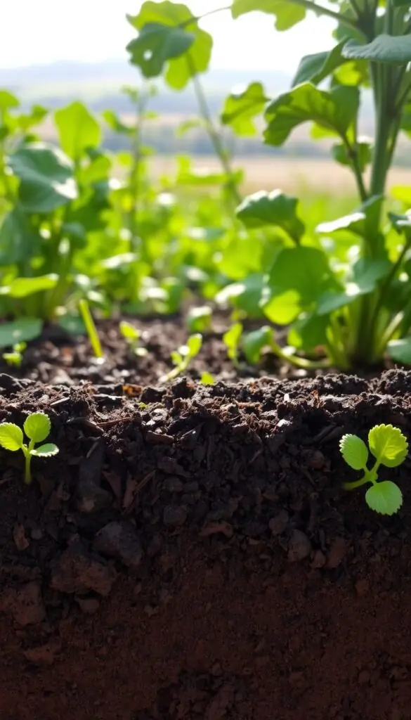 A lush, verdant vegetable garden in soft, diffused daylight. In the foreground, a cross-section of the soil reveals layers of dark, nutrient-rich mulch, porous soil, and glistening water droplets surrounding healthy, vibrant roots. The middle ground showcases thriving vegetable plants, their leaves rustling gently in a light breeze. In the background, a hazy, out-of-focus landscape suggests a serene, bucolic setting. The scene conveys a sense of balance, nourishment, and the harmonious relationship between water, air, and the essential elements that keep plant roots happy and thriving all season long.