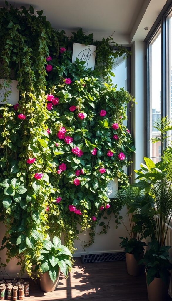 A lush, verdant vertical garden adorning the walls of a modern urban apartment. Cascading vines, vibrant flowers, and leafy foliage create a captivating display, filling the frame with natural beauty. Sunlight streams in through large windows, casting a warm glow and accentuating the textural details. The scene conveys a sense of harmony between nature and the built environment, showcasing the versatility of urban gardening in compact spaces. The composition is balanced, with the vertical garden taking center stage, framed by the surrounding architectural elements. The overall mood is one of tranquility and rejuvenation, inspiring the viewer to consider the potential of vertical gardening in their own small-scale living spaces. A lush, verdant vertical garden adorning the walls of a modern urban apartment. Cascading vines, vibrant flowers, and leafy foliage create a captivating display, filling the frame with natural beauty. Sunlight streams in through large windows, casting a warm glow and accentuating the textural details. The scene conveys a sense of harmony between nature and the built environment, showcasing the versatility of urban gardening in compact spaces. The composition is balanced, with the vertical garden taking center stage, framed by the surrounding architectural elements. The overall mood is one of tranquility and rejuvenation, inspiring the viewer to consider the potential of vertical gardening in their own small-scale living spaces.