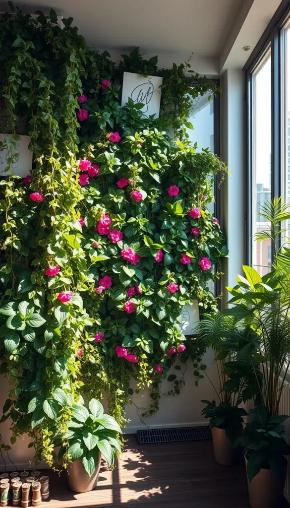 A lush, verdant vertical garden adorning the walls of a modern urban apartment. Cascading vines, vibrant flowers, and leafy foliage create a captivating display, filling the frame with natural beauty. Sunlight streams in through large windows, casting a warm glow and accentuating the textural details. The scene conveys a sense of harmony between nature and the built environment, showcasing the versatility of urban gardening in compact spaces. The composition is balanced, with the vertical garden taking center stage, framed by the surrounding architectural elements. The overall mood is one of tranquility and rejuvenation, inspiring the viewer to consider the potential of vertical gardening in their own small-scale living spaces.
