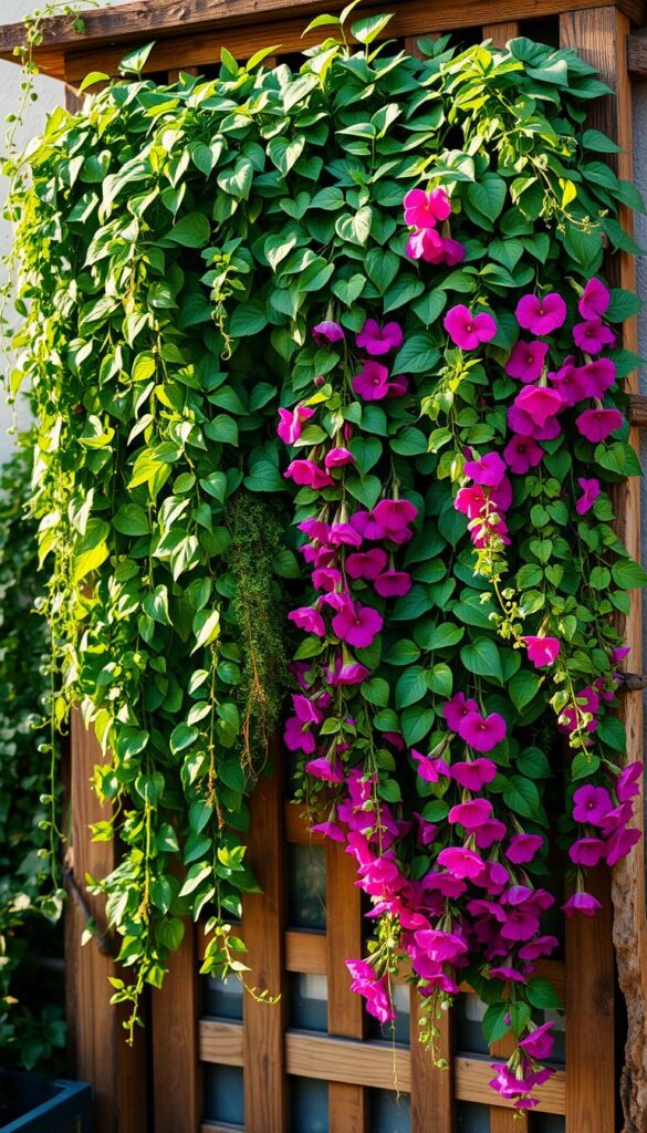 A lush, verdant vertical garden cascades from a rustic wooden trellis, bathed in warm afternoon light. Layers of trailing vines, leafy foliage, and cascading flowers fill the frame, creating a sense of natural abundance in a small urban space. Trailing ivies, vibrant fuchsias, and cascading petunias tumble gracefully, their colors and textures complementing each other. The composition is balanced and visually striking, inviting the viewer to imagine the sights, scents, and tranquility of this verdant oasis. Captured with a shallow depth of field, the result is a serene, atmospheric image that showcases the beauty and potential of small-space vertical gardening.