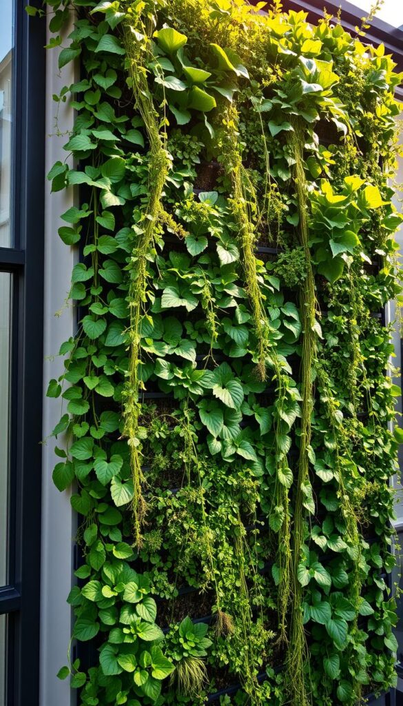 A lush, verdant vertical garden cascading down a modern, minimalist wall. Sunlight filters through the vibrant foliage, casting warm, golden hues. Carefully curated rows of leafy greens, herbs, and trailing vines climb upwards, creating a stunning, space-saving display. The composition is balanced, with a mix of textures and colors that draw the eye upwards. The garden appears healthy and thriving, a testament to the benefits of vertical growing - maximizing limited space, easier harvests, and improved plant health. The overall scene radiates a sense of peace, serenity, and connection to nature, perfectly encapsulating the ethos of "Why Grow Vertically: Space-Saving Beauty, Easier Harvests, Healthier Plants". A lush, verdant vertical garden cascading down a modern, minimalist wall. Sunlight filters through the vibrant foliage, casting warm, golden hues. Carefully curated rows of leafy greens, herbs, and trailing vines climb upwards, creating a stunning, space-saving display. The composition is balanced, with a mix of textures and colors that draw the eye upwards. The garden appears healthy and thriving, a testament to the benefits of vertical growing - maximizing limited space, easier harvests, and improved plant health. The overall scene radiates a sense of peace, serenity, and connection to nature, perfectly encapsulating the ethos of "Why Grow Vertically: Space-Saving Beauty, Easier Harvests, Healthier Plants".