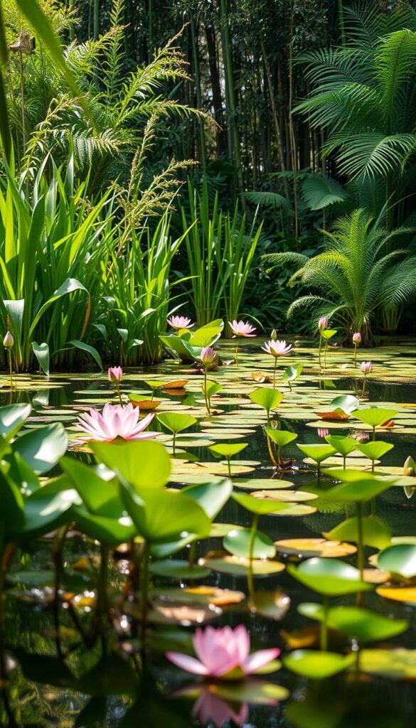A lush, verdant water garden in soft, diffused sunlight. In the foreground, vibrant aquatic plants sway gently in the current, their leaves and stems reflected in the still, glassy surface. The middle ground features a mix of lotus, water lilies, and tall, graceful reeds, creating a sense of depth and layering. In the background, a backdrop of towering bamboo and ferns adds a serene, natural ambiance, framing the scene. The overall composition conveys a tranquil, contemplative atmosphere, inviting the viewer to slow down and appreciate the beauty of intentional watering and its harmonious relationship with the living elements of the garden. A lush, verdant water garden in soft, diffused sunlight. In the foreground, vibrant aquatic plants sway gently in the current, their leaves and stems reflected in the still, glassy surface. The middle ground features a mix of lotus, water lilies, and tall, graceful reeds, creating a sense of depth and layering. In the background, a backdrop of towering bamboo and ferns adds a serene, natural ambiance, framing the scene. The overall composition conveys a tranquil, contemplative atmosphere, inviting the viewer to slow down and appreciate the beauty of intentional watering and its harmonious relationship with the living elements of the garden.
