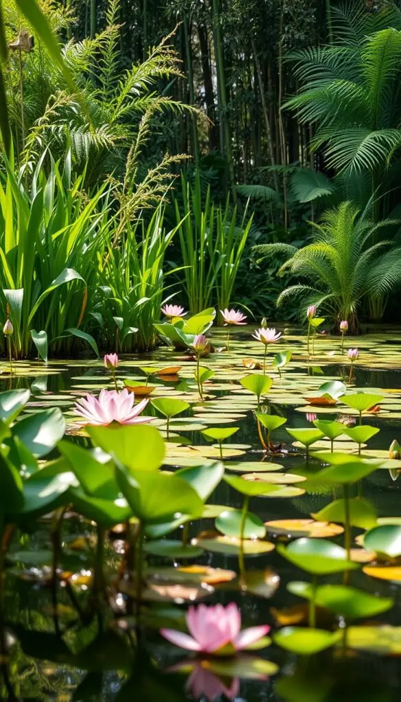 A lush, verdant water garden in soft, diffused sunlight. In the foreground, vibrant aquatic plants sway gently in the current, their leaves and stems reflected in the still, glassy surface. The middle ground features a mix of lotus, water lilies, and tall, graceful reeds, creating a sense of depth and layering. In the background, a backdrop of towering bamboo and ferns adds a serene, natural ambiance, framing the scene. The overall composition conveys a tranquil, contemplative atmosphere, inviting the viewer to slow down and appreciate the beauty of intentional watering and its harmonious relationship with the living elements of the garden.