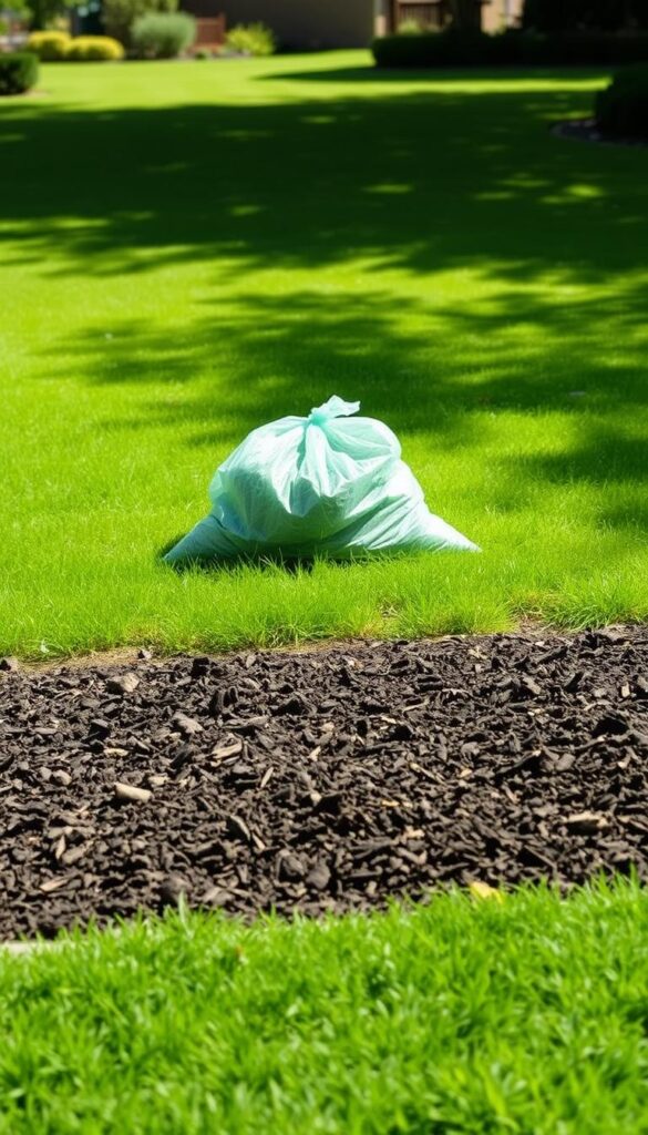 A lush, verdant yard in natural daylight, with a clear delineation between a mulched area and a bagged area. In the foreground, a rich, dark mulch covers the soil, while in the middle ground, a pile of grass clippings sits neatly bagged. The contrast highlights the textural and visual differences between the two lawn care approaches. In the background, a well-manicured lawn stretches out, with subtle shadows and highlights suggesting the natural play of light. The overall scene conveys a sense of balance and consideration, inviting the viewer to ponder the real-world tradeoffs between mulching and bagging for optimal lawn health and appearance.