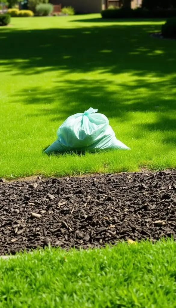 A lush, verdant yard in natural daylight, with a clear delineation between a mulched area and a bagged area. In the foreground, a rich, dark mulch covers the soil, while in the middle ground, a pile of grass clippings sits neatly bagged. The contrast highlights the textural and visual differences between the two lawn care approaches. In the background, a well-manicured lawn stretches out, with subtle shadows and highlights suggesting the natural play of light. The overall scene conveys a sense of balance and consideration, inviting the viewer to ponder the real-world tradeoffs between mulching and bagging for optimal lawn health and appearance.