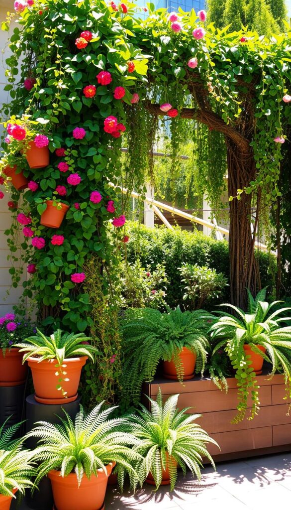 A lush, vertical garden adorned with cascading vines, trailing foliage, and vibrant blooms. The foreground features a variety of potted plants arranged in tiered displays, creating the illusion of a towering green wall. In the middle ground, delicate ferns and leafy shrubs spill over the edges of raised planters, softening the boundaries between the garden and the surrounding space. The background showcases a sun-dappled scene, with a clear blue sky and hints of architectural details peeking through the verdant canopy. Warm, directional lighting casts gentle shadows, enhancing the depth and texture of the verdant oasis. The overall composition evokes a sense of tranquility and the illusion of a spacious, serene backyard retreat. A lush, vertical garden adorned with cascading vines, trailing foliage, and vibrant blooms. The foreground features a variety of potted plants arranged in tiered displays, creating the illusion of a towering green wall. In the middle ground, delicate ferns and leafy shrubs spill over the edges of raised planters, softening the boundaries between the garden and the surrounding space. The background showcases a sun-dappled scene, with a clear blue sky and hints of architectural details peeking through the verdant canopy. Warm, directional lighting casts gentle shadows, enhancing the depth and texture of the verdant oasis. The overall composition evokes a sense of tranquility and the illusion of a spacious, serene backyard retreat.